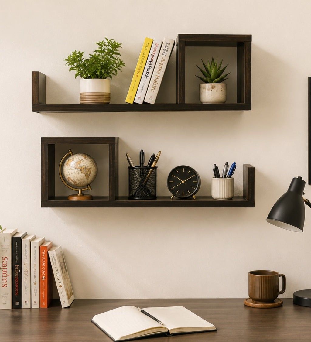 Wooden Bookshelves Set of Two - Walnut Finish Wall Shelves - additional angle 3