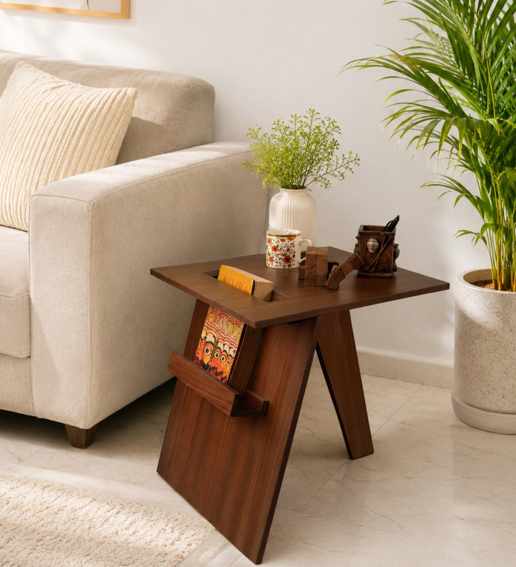 RayTrees Stylish End Table | Teak Finish, Metal Frame