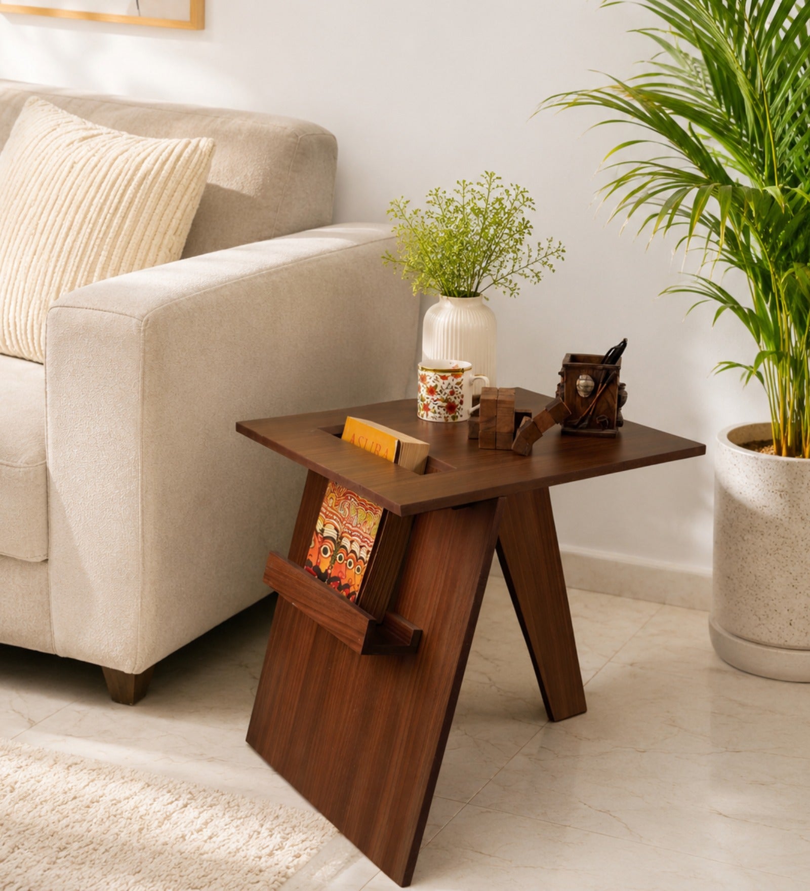 RayTrees Stylish End Table | Teak Finish, Metal Frame