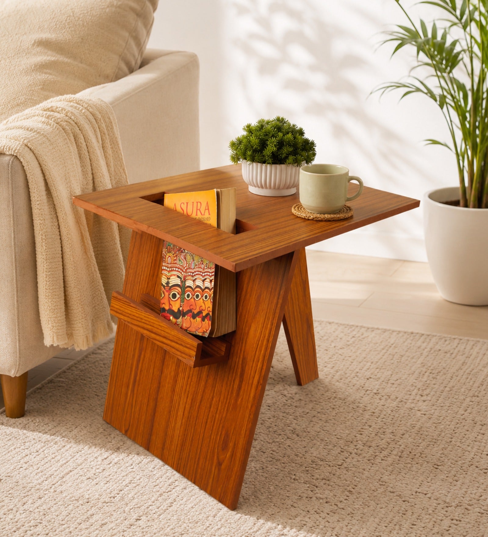 Stylish End Table - Walnut Teak Finish, Metal Frame