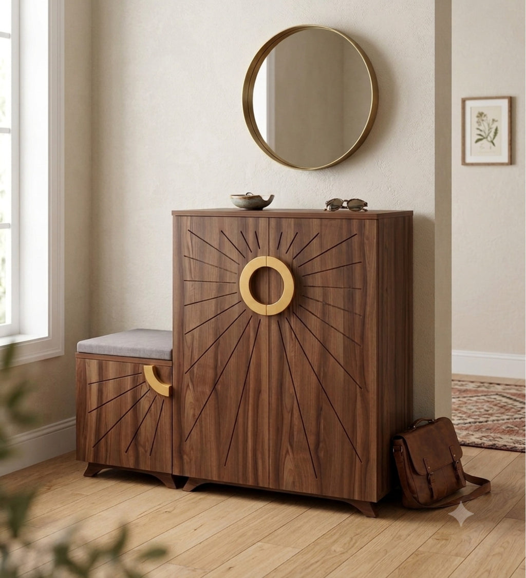 Ariel 23-Pairs 3 Door Shoe Cabinet with Seating | Walnut Finish