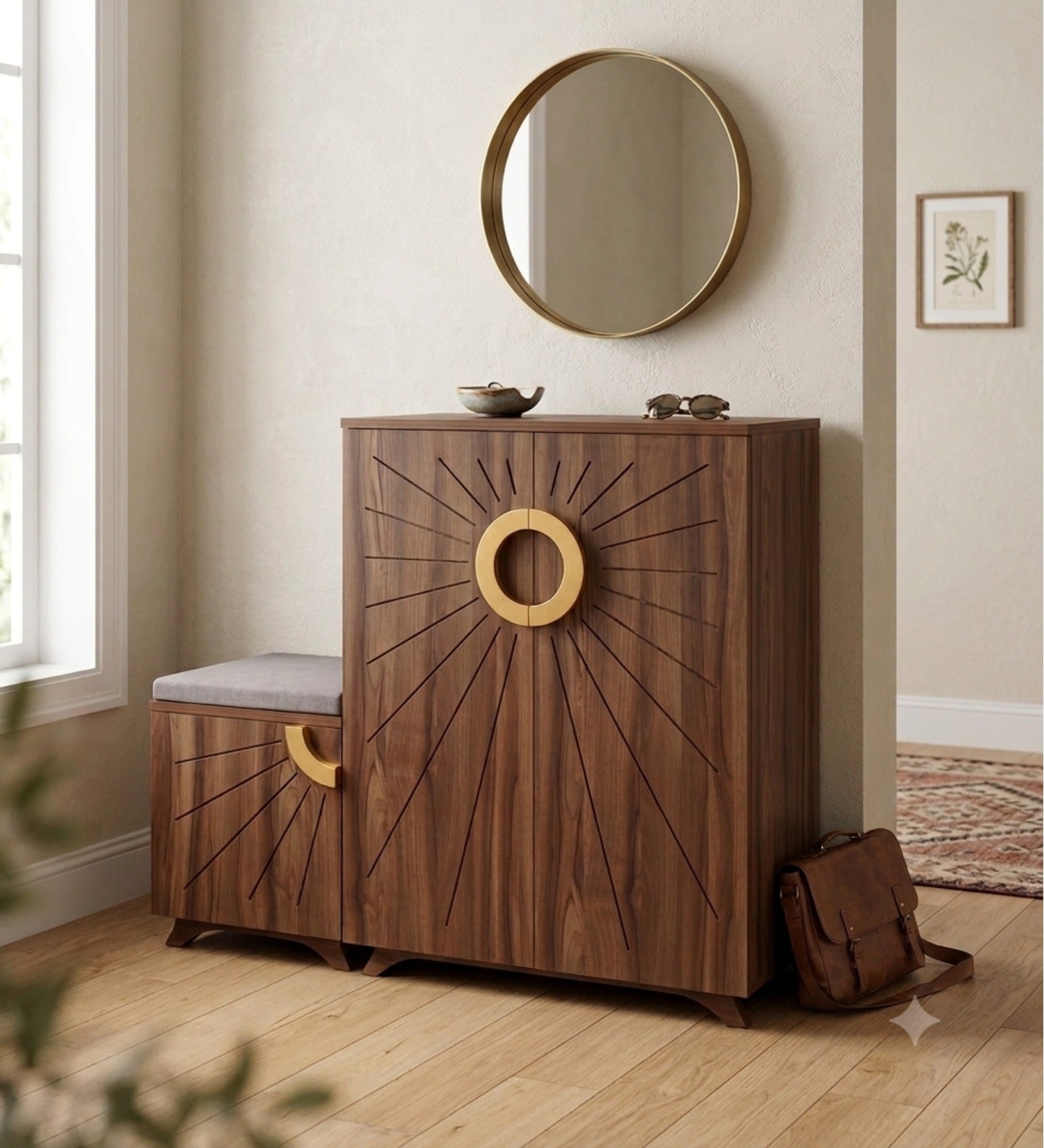 Ariel 23-Pairs 3 Door Shoe Cabinet with Seating | Walnut Finish
