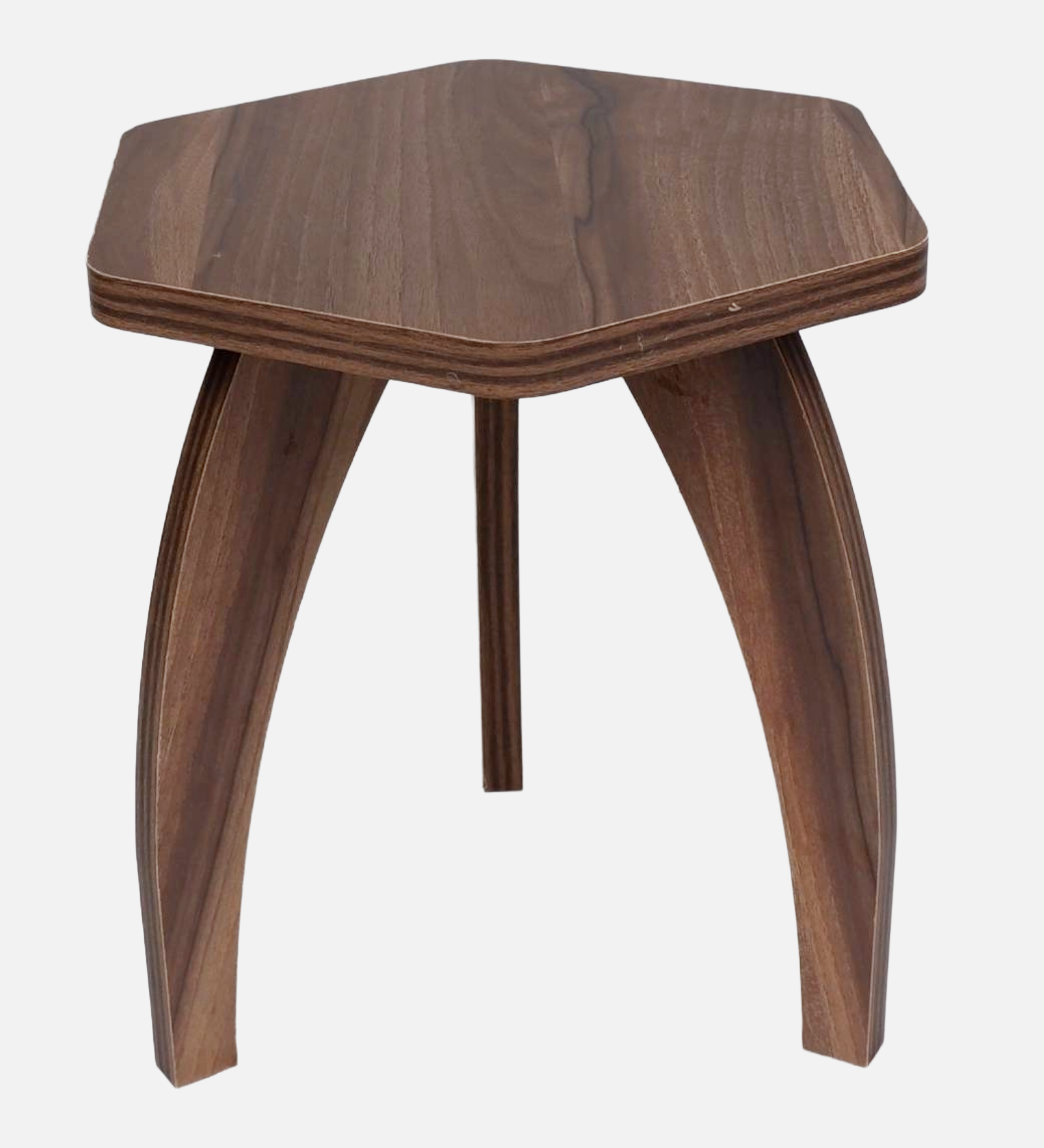 Hexagonal wooden stool with a dark walnut finish and curved legs, shown on a light gray background.