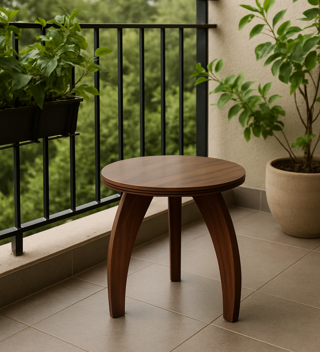 RayTrees Three Leg Round Table | Walnut Finish Stool