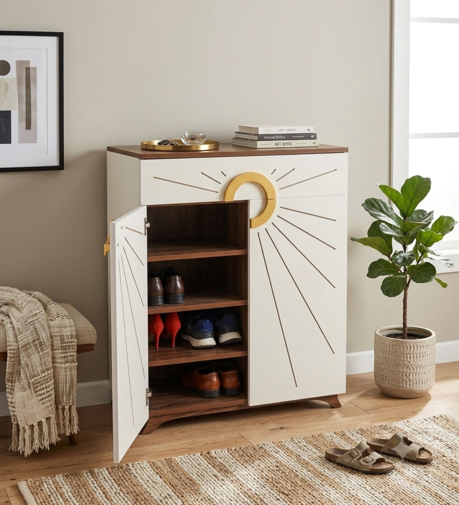 Aster 16-Pairs 2 Door Shoe Cabinet with Drawer | White Finish