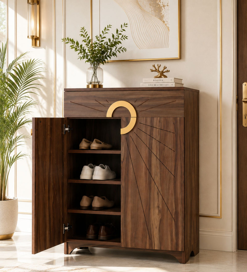 Aster 16-Pairs 2 Door Shoe Cabinet with Drawer - Walnut Finish
