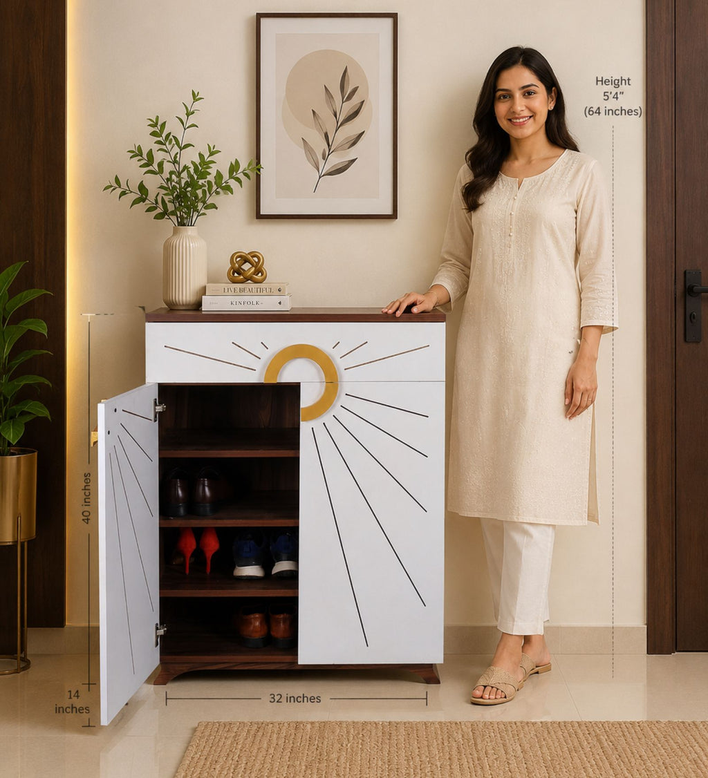 Aster 16-Pairs 2 Door Shoe Cabinet with Drawer | White Finish