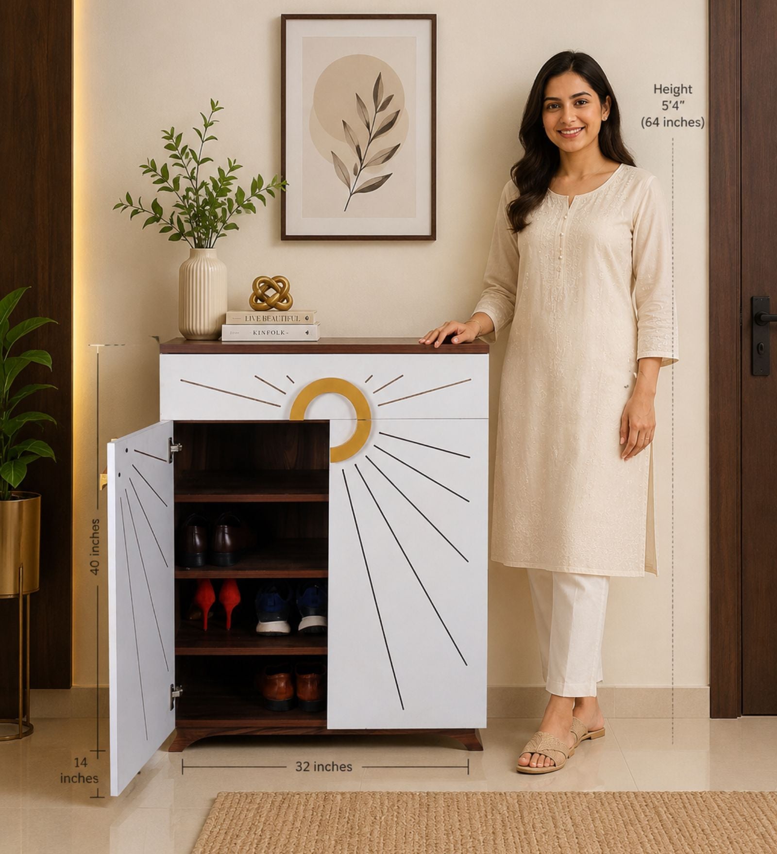 Aster 16-Pairs 2 Door Shoe Cabinet with Drawer | White Finish