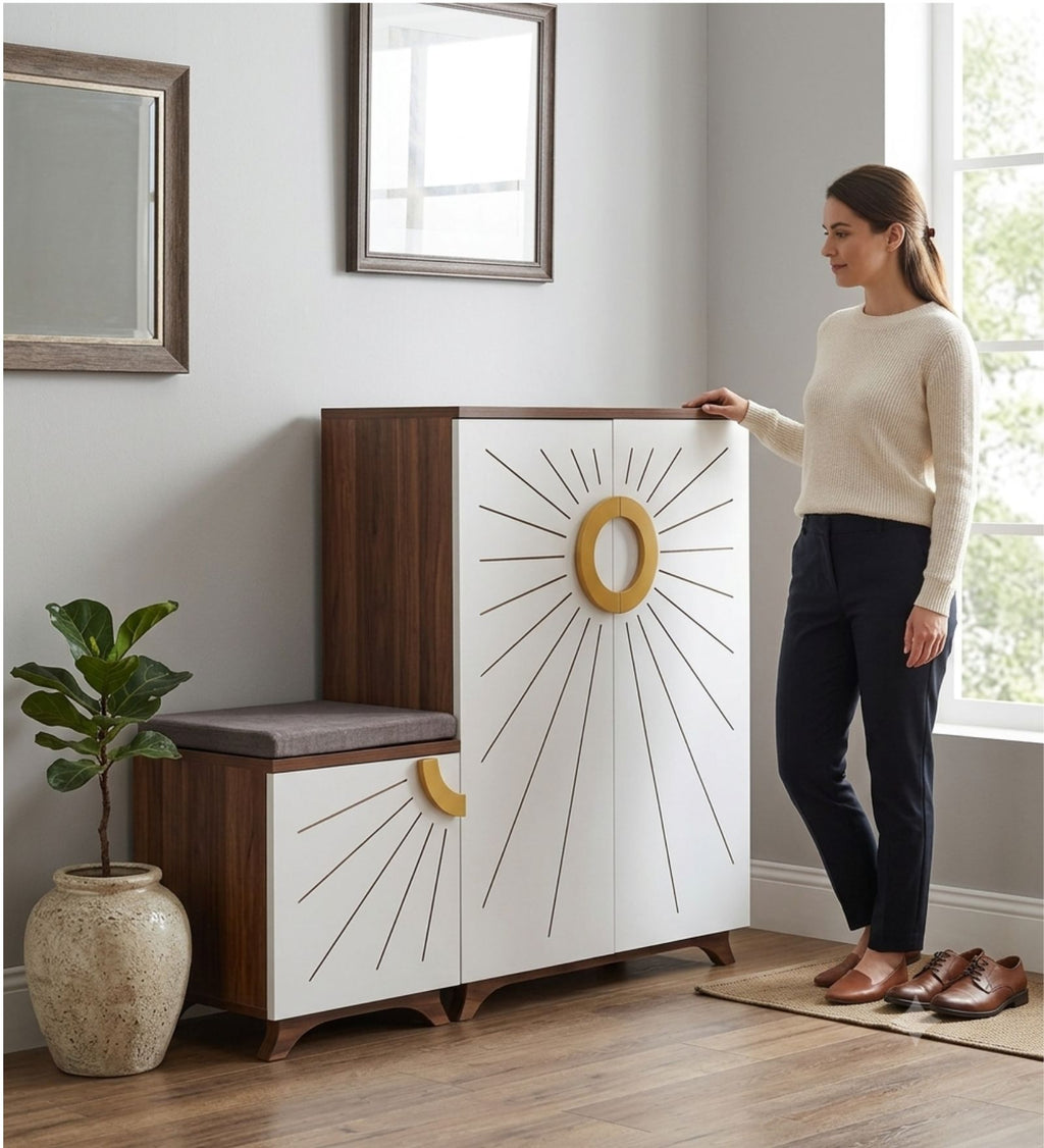 Ariel 23-Pairs 3 Door Shoe Cabinet with Seating | White Finish