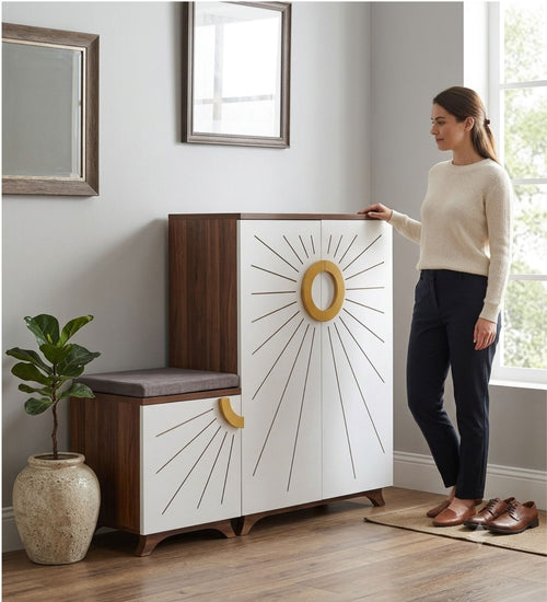 Ariel 23-Pairs 3 Door Shoe Cabinet with Seating | White Finish