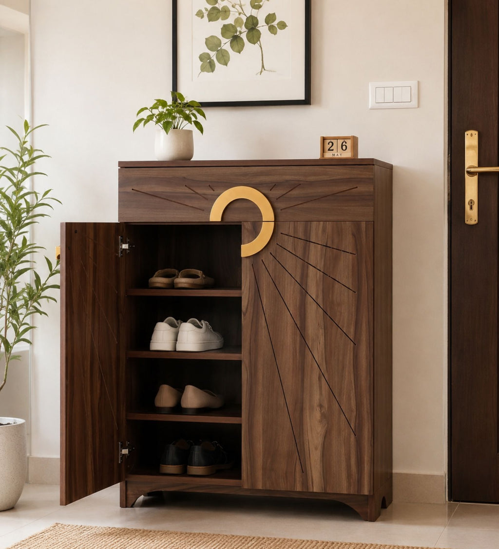 Aster 16-Pairs 2 Door Shoe Cabinet with Drawer - Walnut Finish - additional angle 2