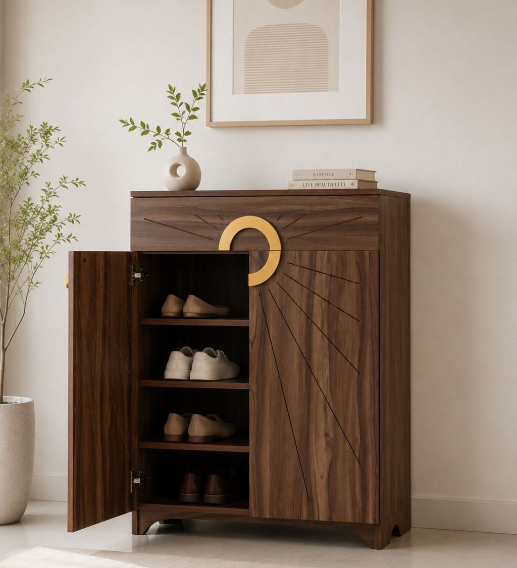 Aster 16-Pairs 2 Door Shoe Cabinet with Drawer - Walnut Finish - additional angle 3