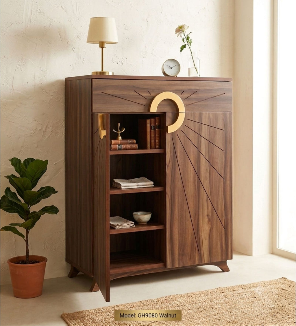 Aster 16-Pairs 2 Door Shoe Cabinet with Drawer - Walnut Finish - additional angle 6