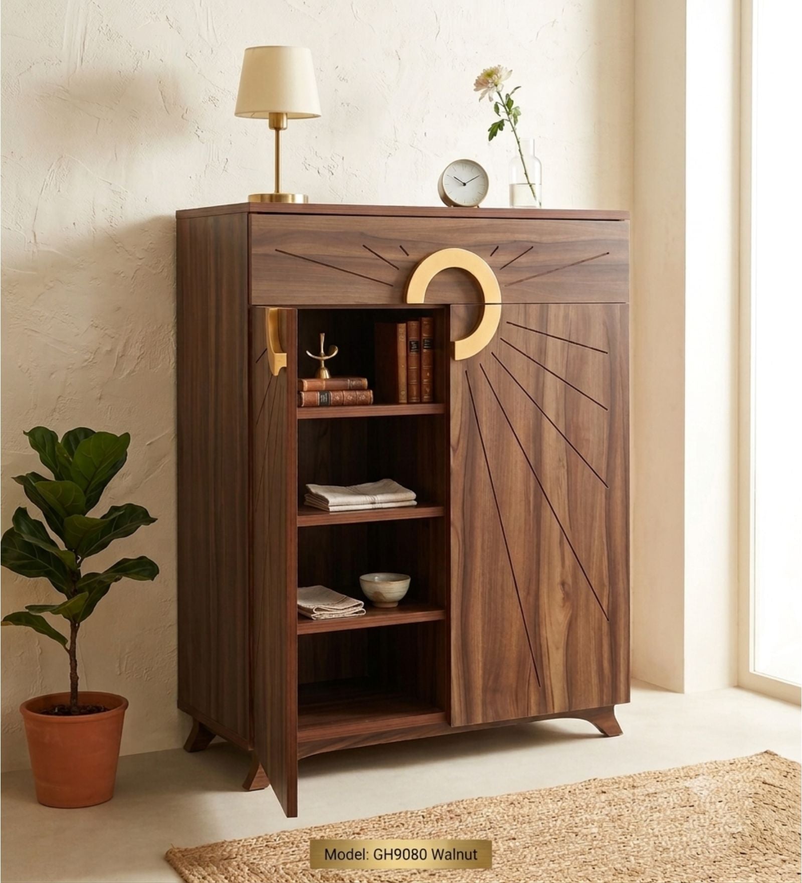 Aster 16-Pairs 2 Door Shoe Cabinet with Drawer - Walnut Finish - additional angle 6