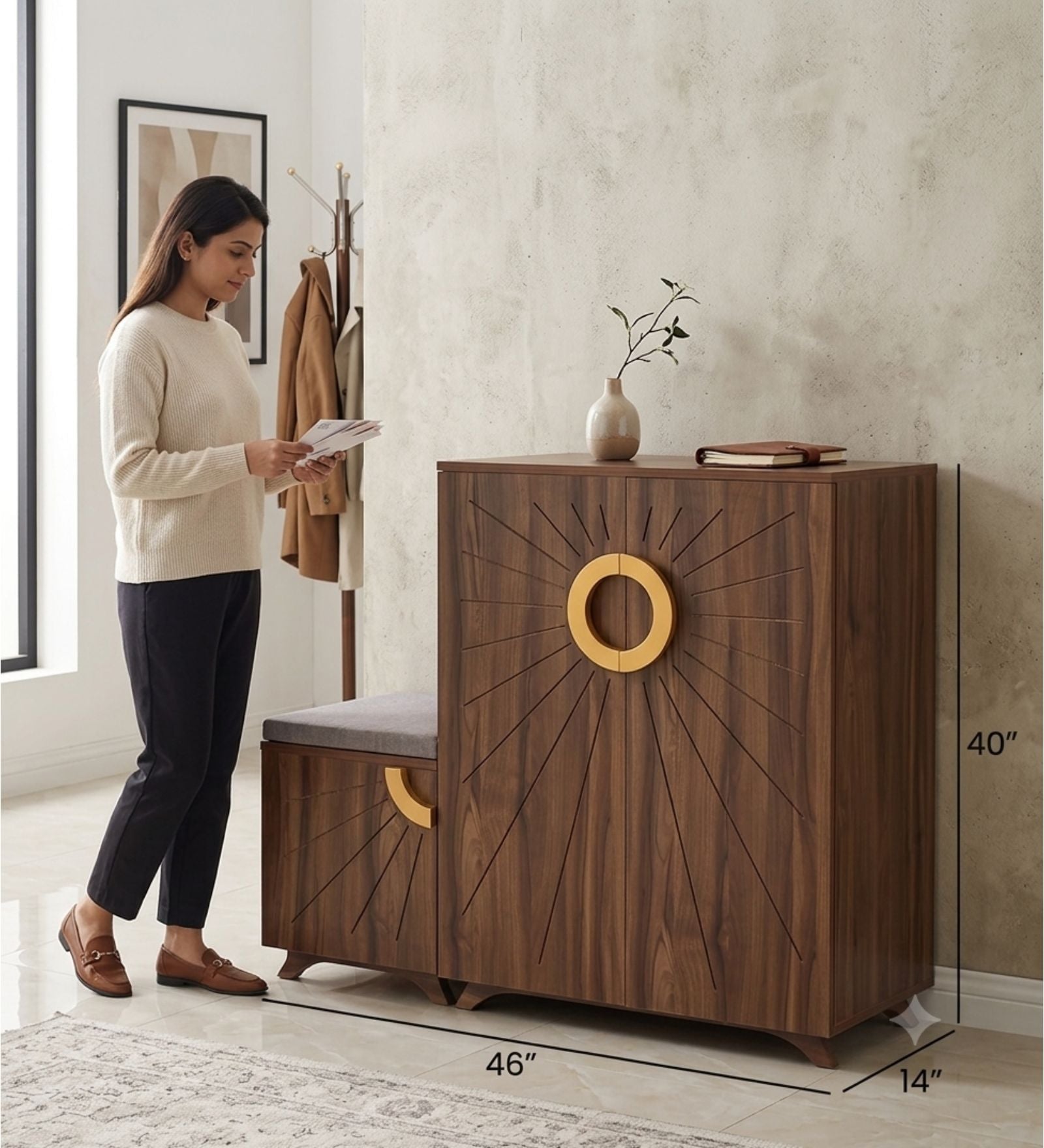 Ariel 23-Pairs 3 Door Shoe Cabinet with Seating | Walnut Finish