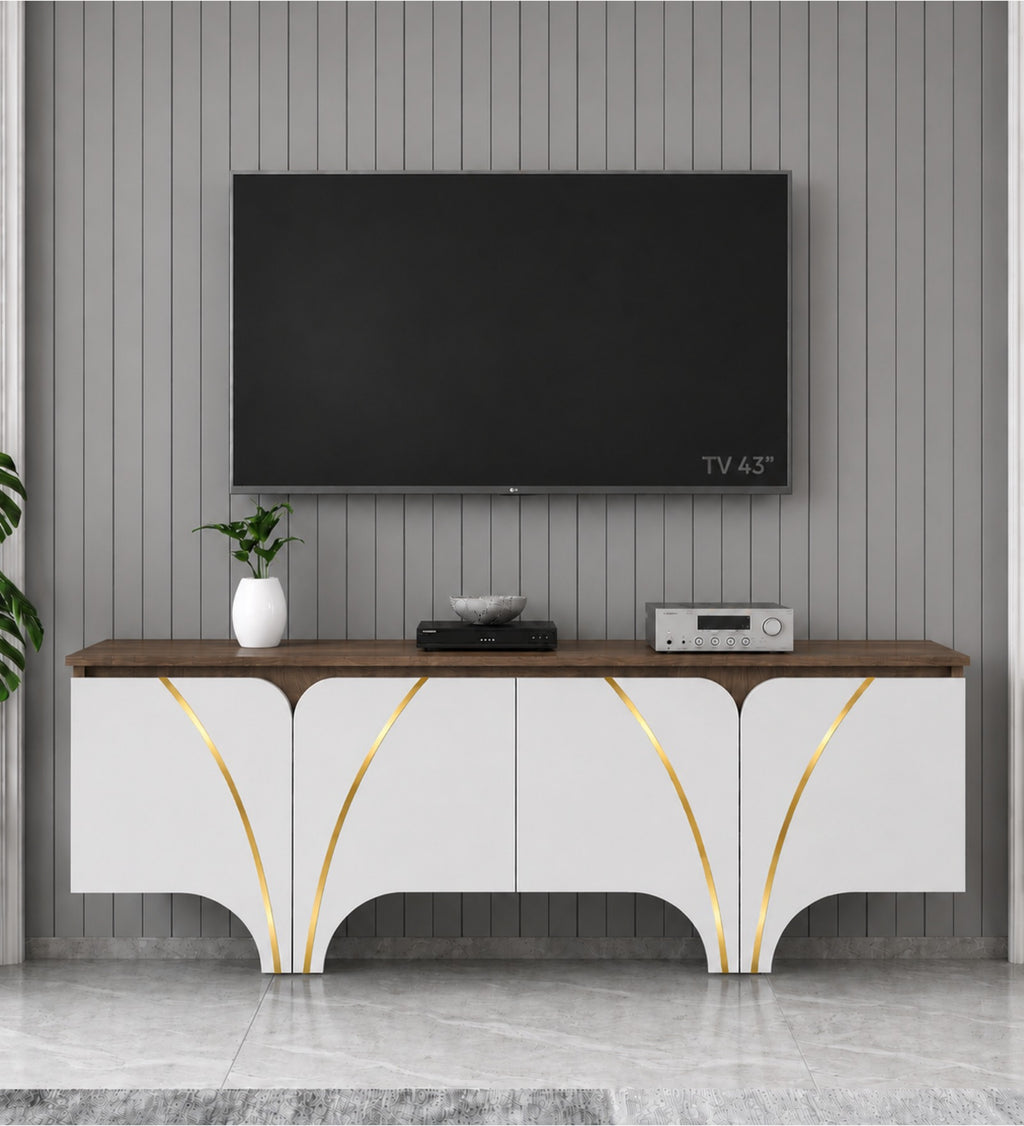 RayTrees Curved Strip Handle TV Unit | White Finish