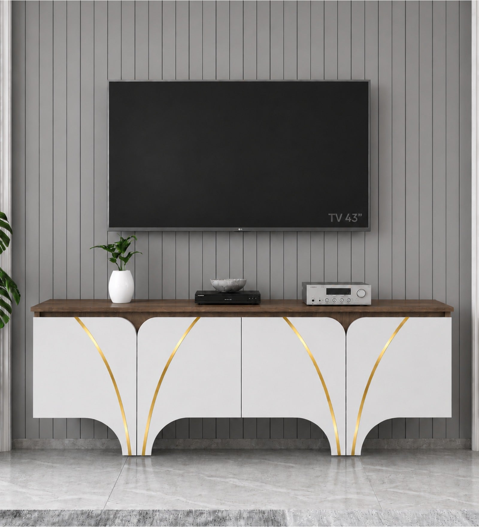RayTrees Curved Strip Handle TV Unit | White Finish