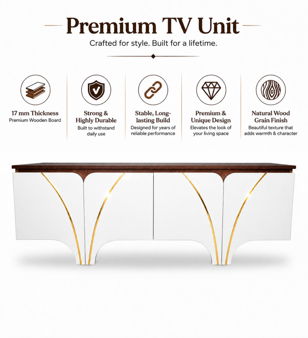 RayTrees Curved Strip Handle TV Unit | White Finish