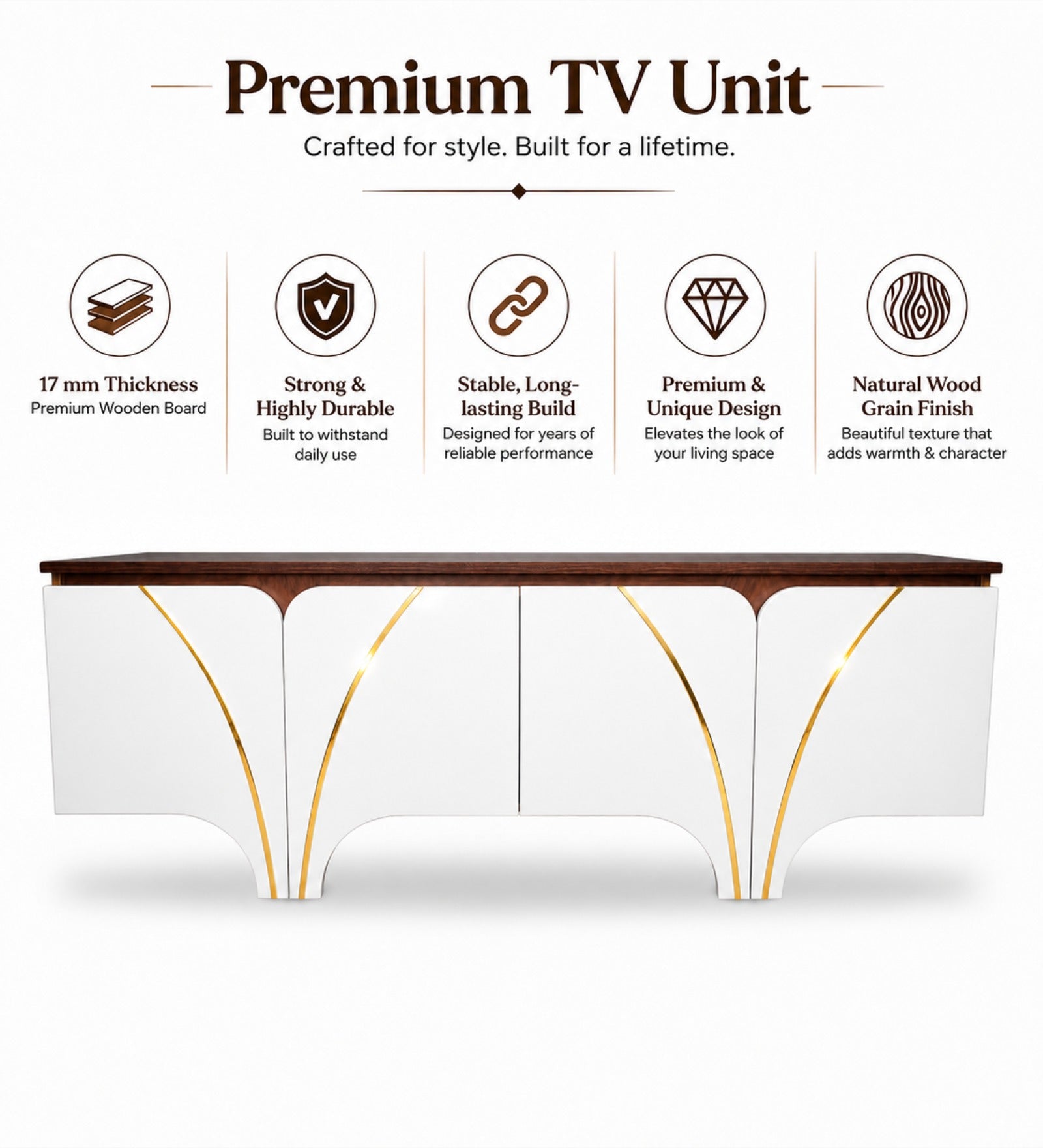 RayTrees Curved Strip Handle TV Unit | White Finish