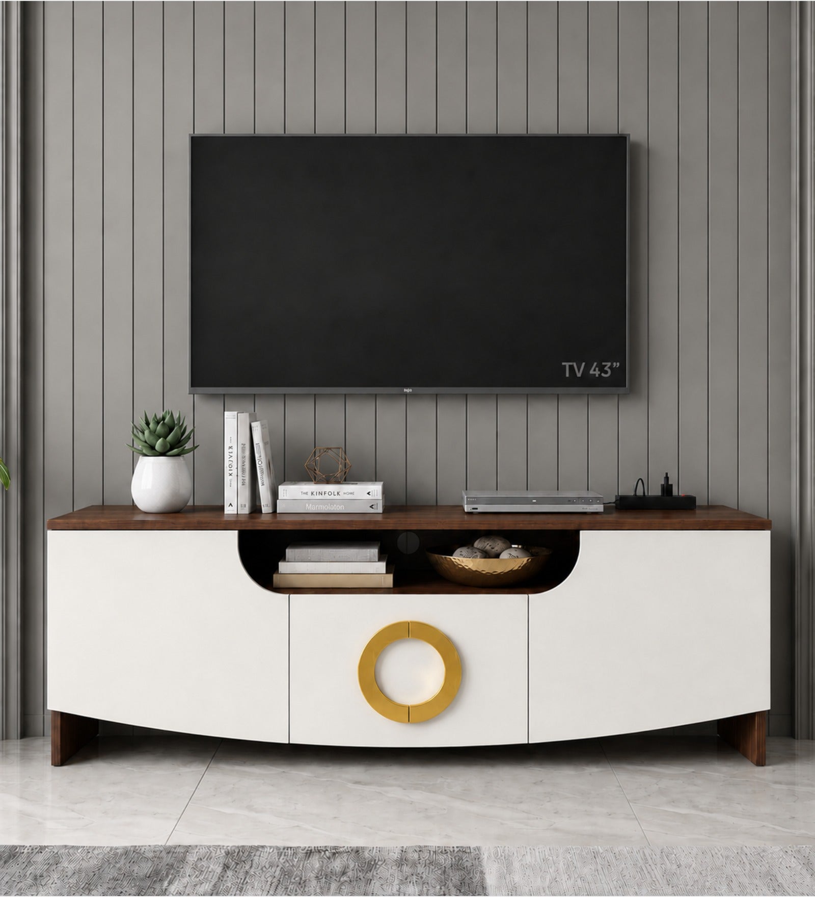 RayTrees Golden Handle TV Unit | White Finish