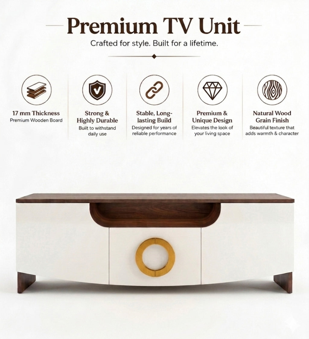 RayTrees Golden Handle TV Unit | White Finish