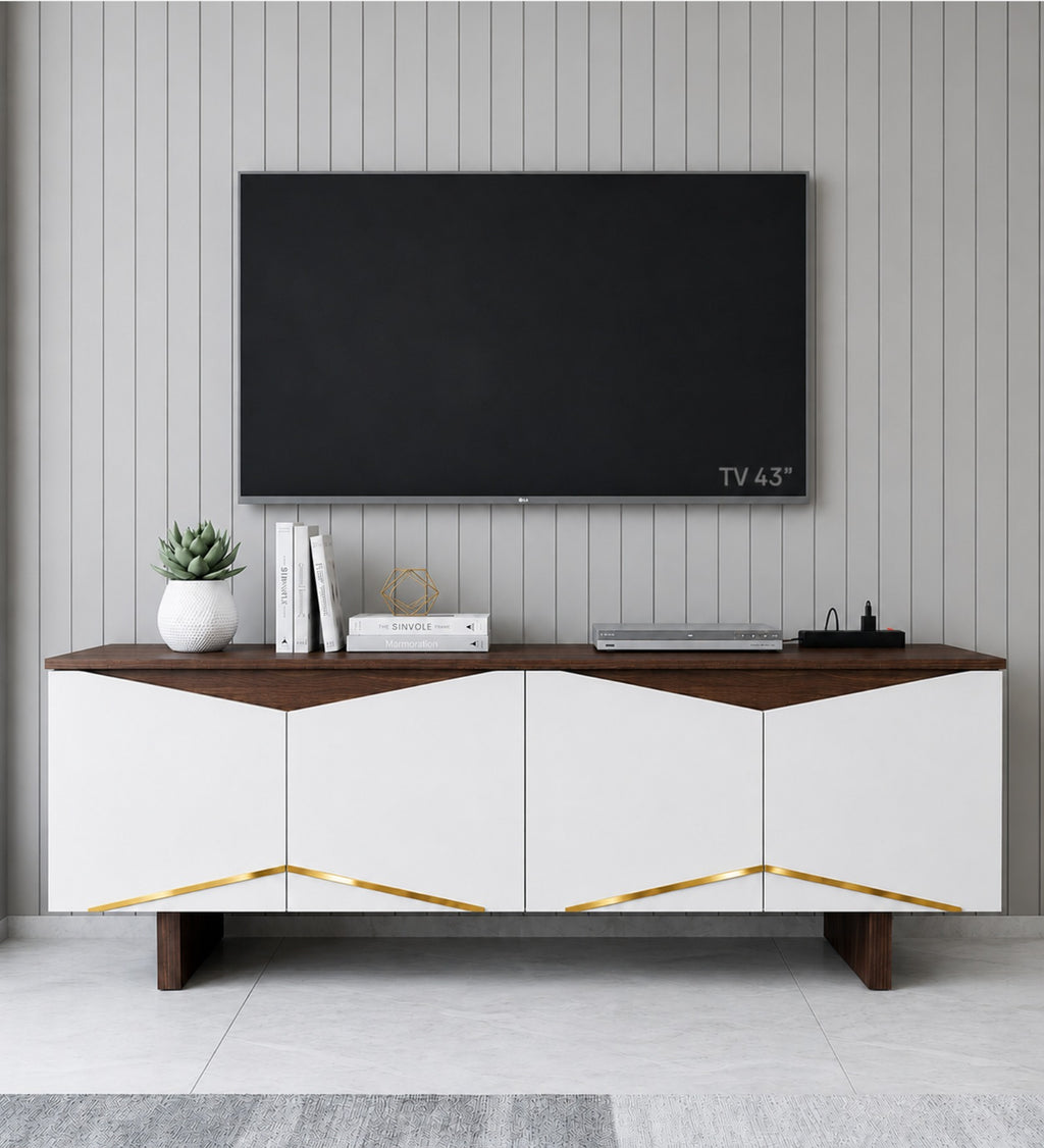 RayTrees Hexagonal Golden Strip TV Unit | White Finish