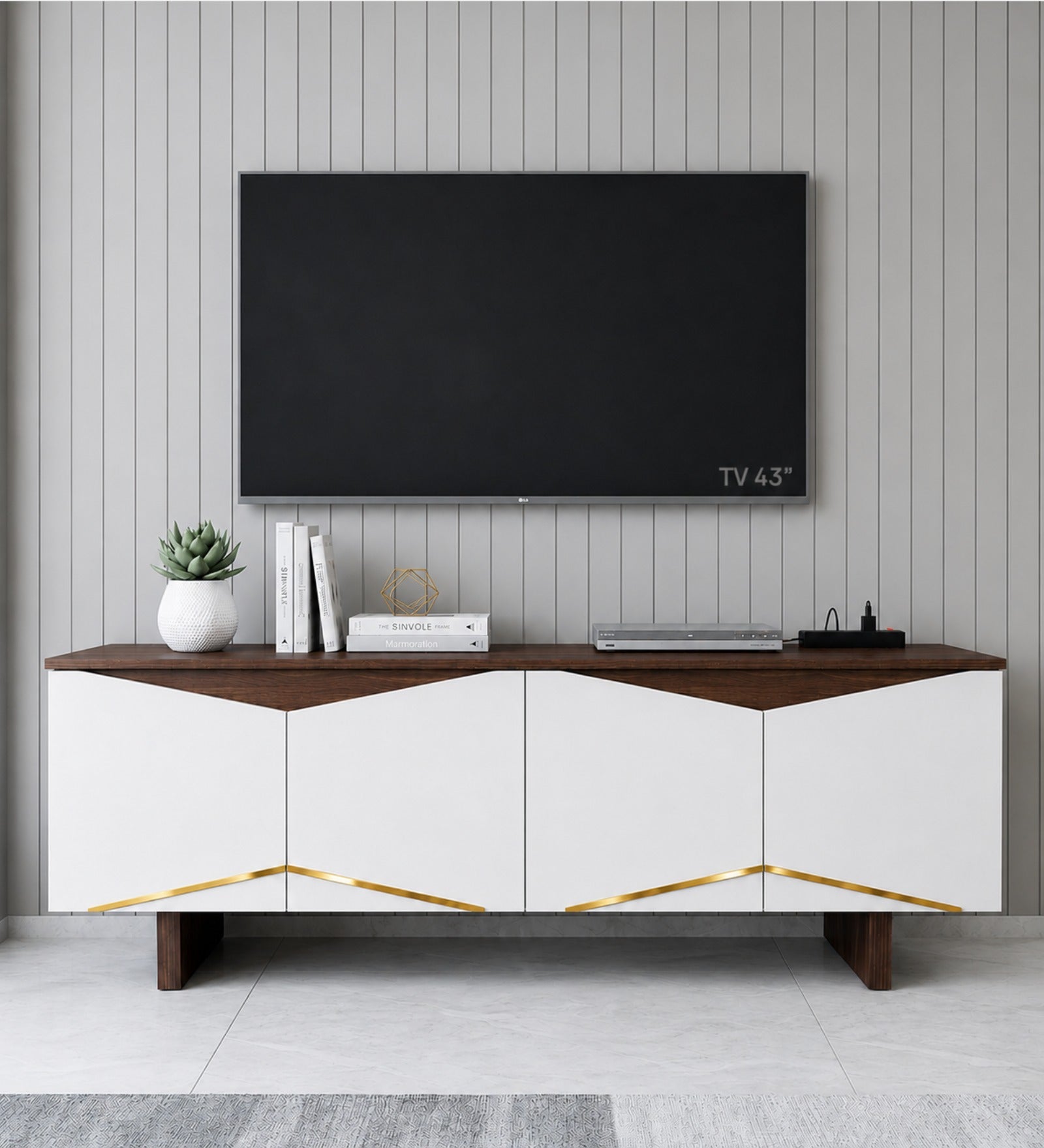 RayTrees Hexagonal Golden Strip TV Unit | White Finish