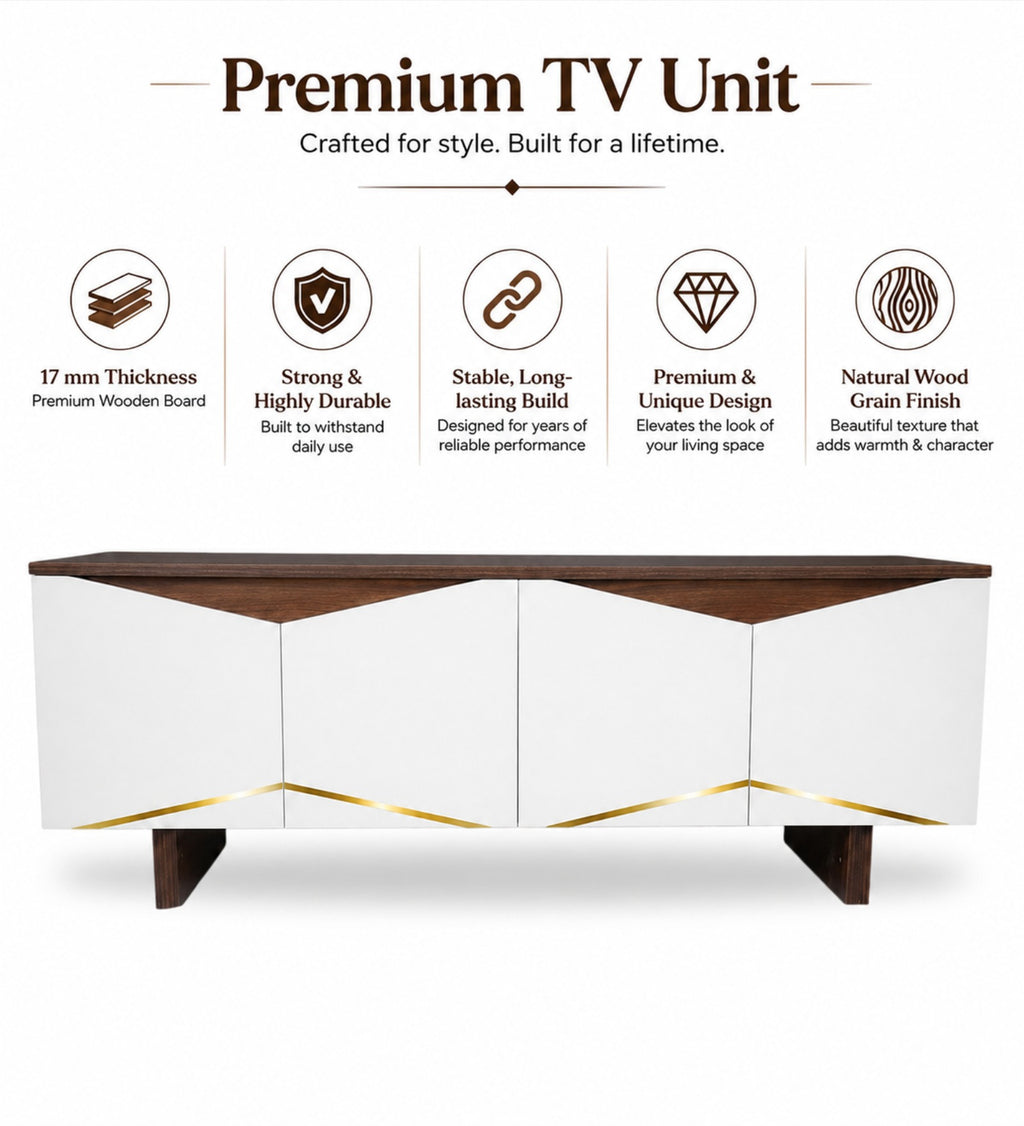 RayTrees Hexagonal Golden Strip TV Unit | White Finish
