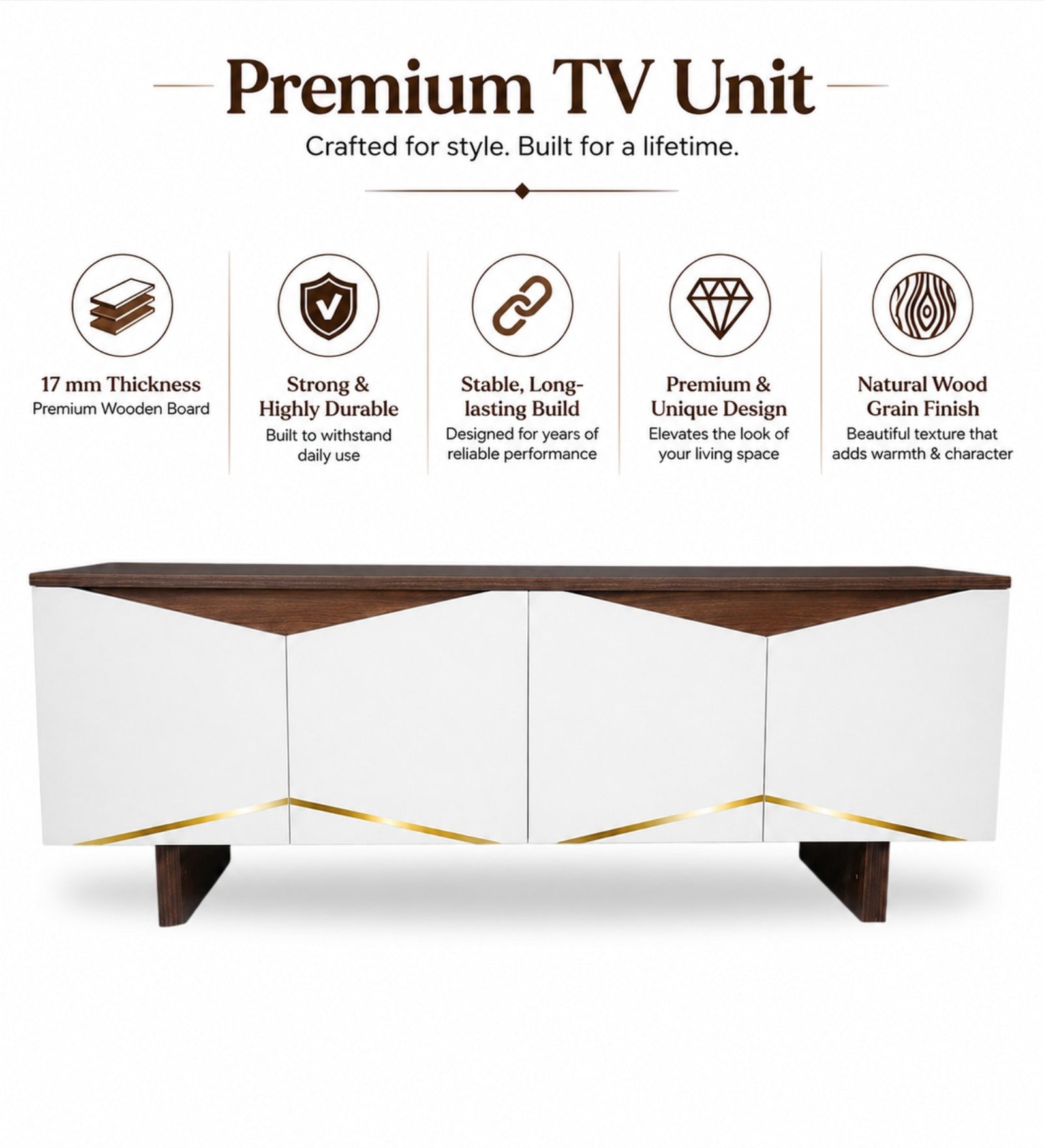 RayTrees Hexagonal Golden Strip TV Unit | White Finish