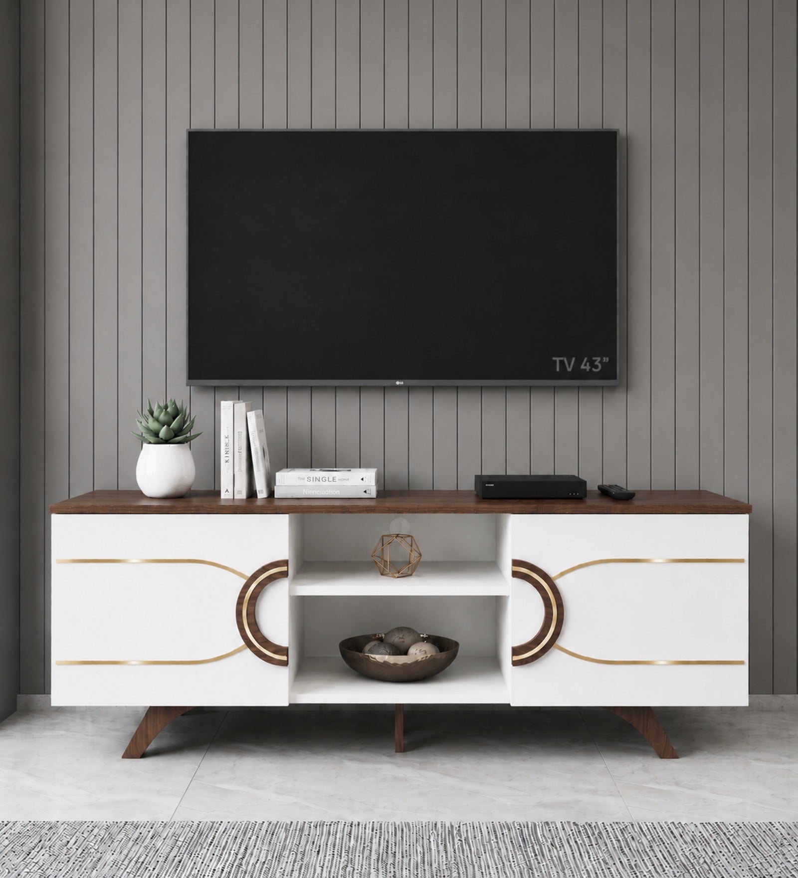 RayTrees Minimalist Strip Handle TV Unit | White Finish