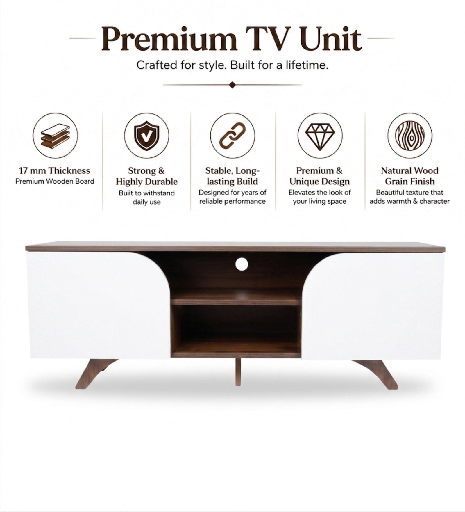 RayTrees Curved Panel TV Unit | White Finish