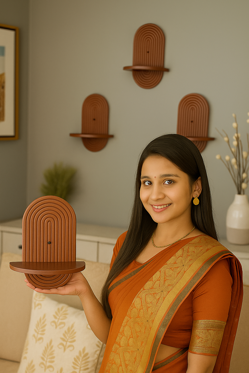 Set of Two Carved Wall Shelves - Walnut Finish - in-use lifestyle shot