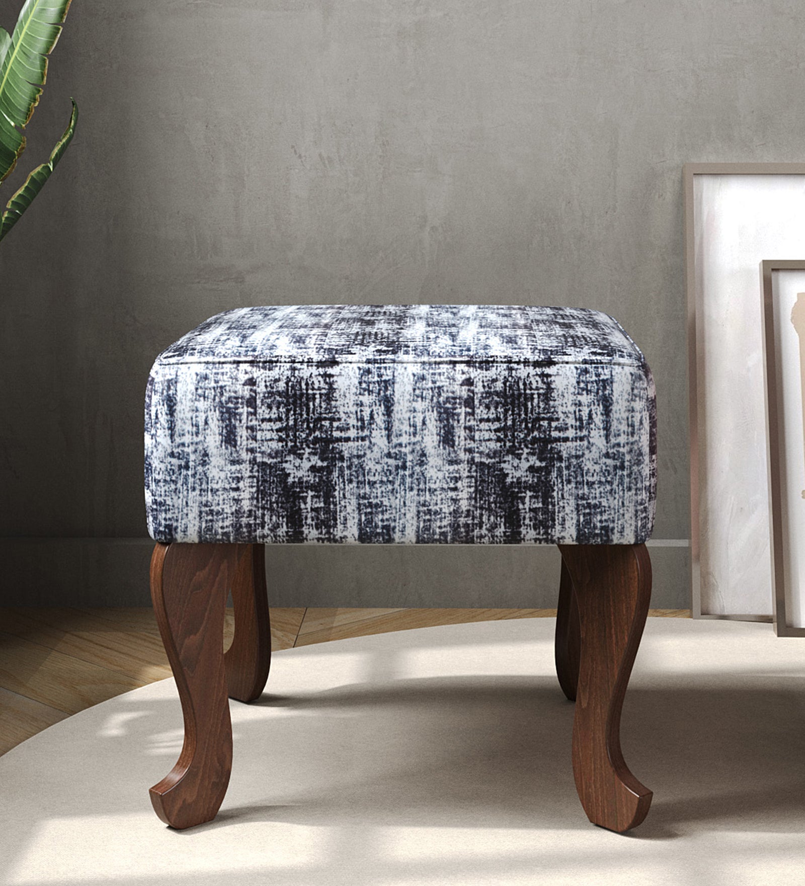 Assam Fabric Seating Ottoman - Walnut Finish